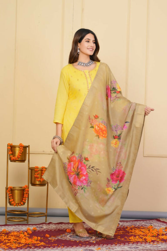 Yellow Viscose Organza Jacquard Embroidered Stitched Suit With Dupatta - Tanisha | Swadesiicart