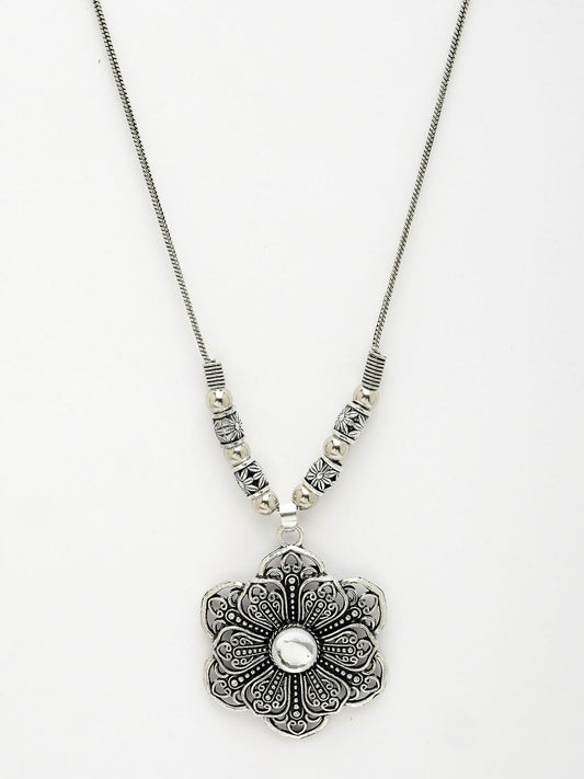 NVR Women's Silver-Toned Floral Shape Pendant with Chain | Swadesiicart