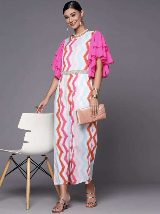 Ahalyaa White & Pink Zig Zag Striped Basic Jumpsuit - Swadesiicart