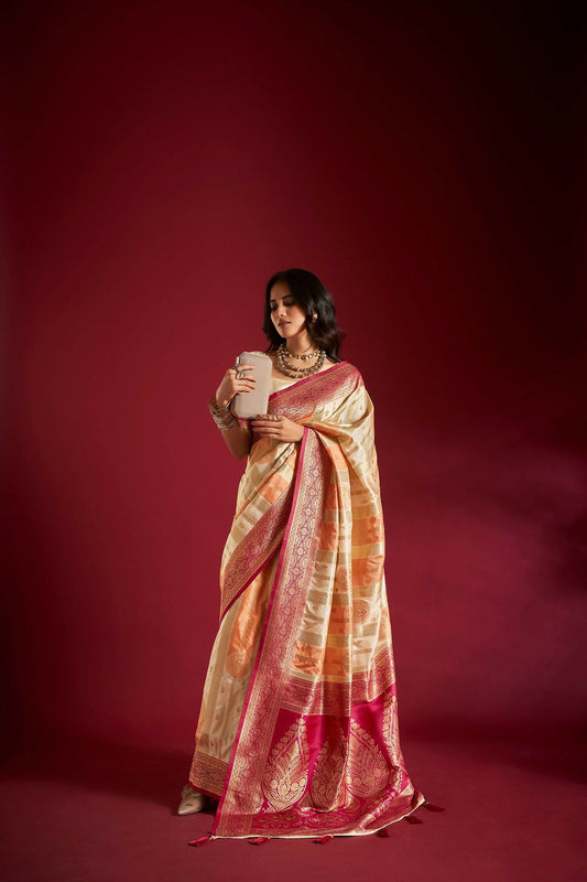 Joban Fashion Cream & Orange Plain With Weaving Border Banarasi Silk Sarees | Swadesiicart