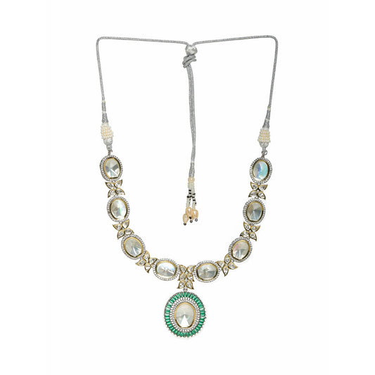 Gold and Silver Tone Neckpiece with Green Center Piece (Silver) - Ruby Raang | Swadesiicart