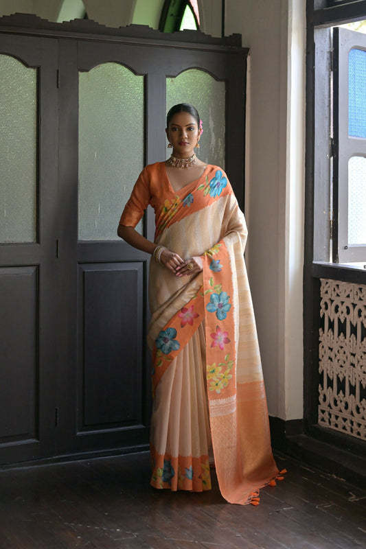 Vishnu Weaves Women's Orange banarasi Silk Saree with Blouse - Swadesiicart