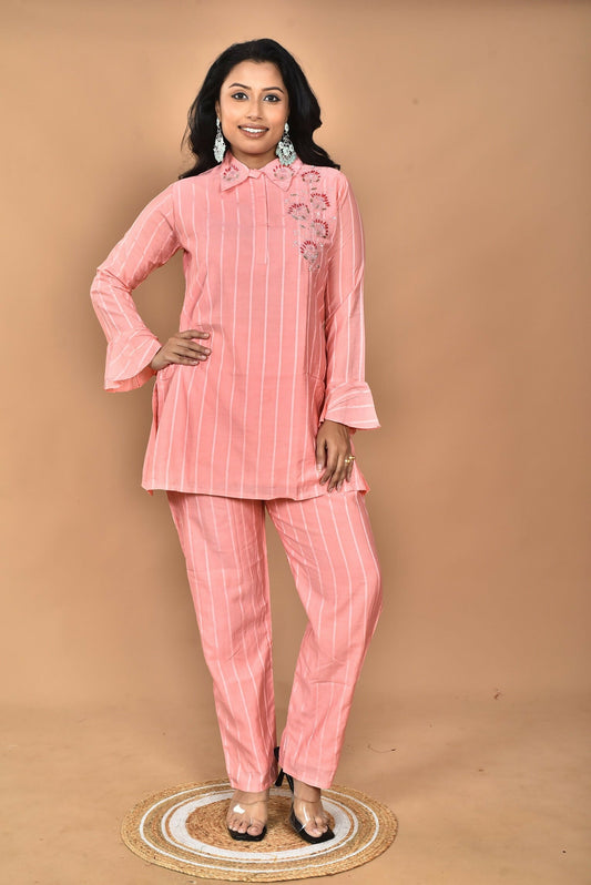 Morchari Women And Hand Embroidery Co-Ords-Peach - Swadesiicart