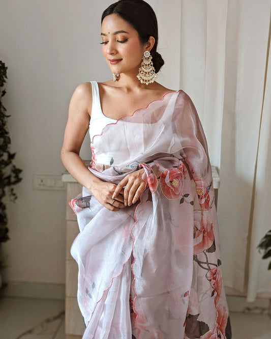 Vamsee Pinki Khatali Baby Pink Organza Saree - Swadesiicart