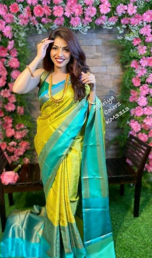DEIANA'S Beautiful Designer Golden zari Soft Lichi Silk Saree - Yellow - Swadesiicart