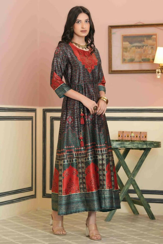 Juniper Green Satin Festive Printed Anarkali Flared Anarkali Kurta For Women | Swadesiicart