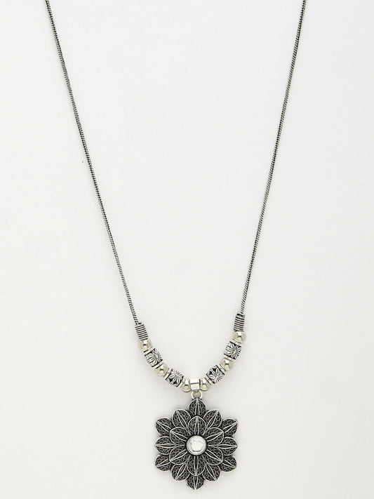 NVR Women's Silver-Toned Decent Floral Shape Pendant with Chain | Swadesiicart