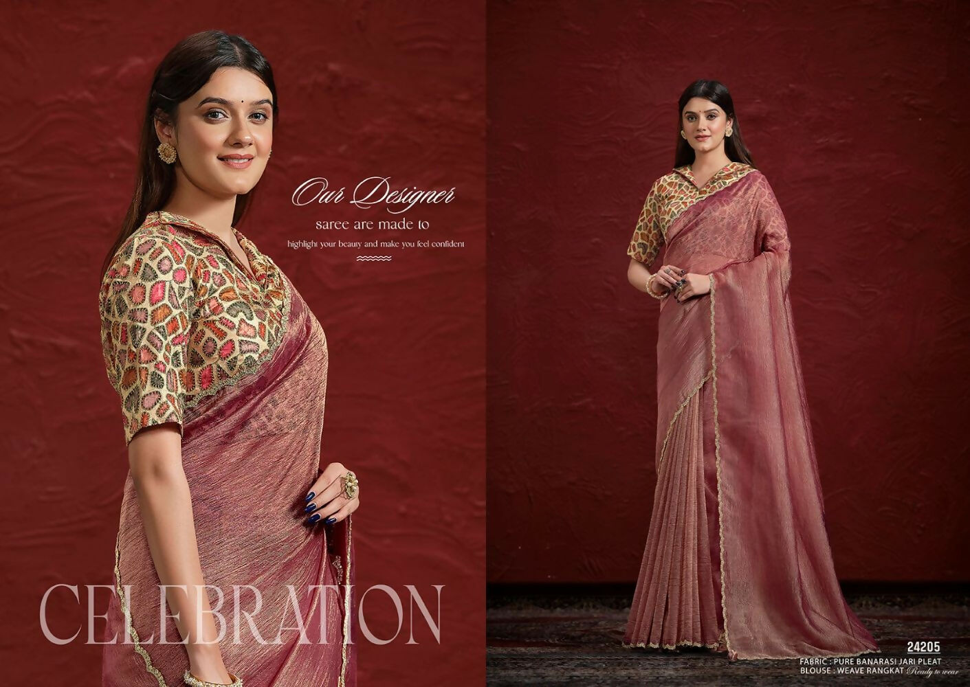 Light Maroon Pure Banarasi Jari pleat Stone with Handwork Saree with Stitched Blouse - Mohmanthan Aaina | Swadesiicart