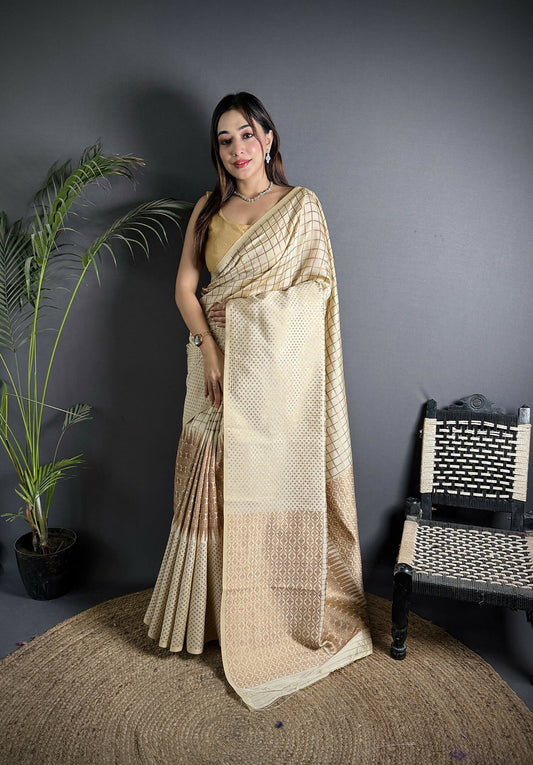 Joban Fashion Off White Banarasi Soft Lichi Silk Checks & Woven Saree | Swadesiicart