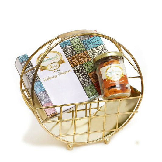Ghasitaram Half Moon Metal Basket of Mix Dryfruits, Assorted Bites | Swadesiicart