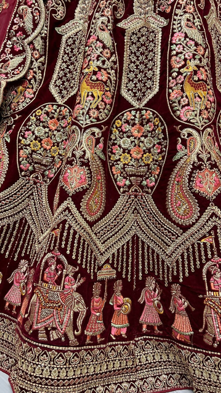 Jyoti Fashion Women's Maroon Velvet Multi Thread Embroidered with Zircon Diamond Work Wedding Lehenga Choli | Swadesiicart