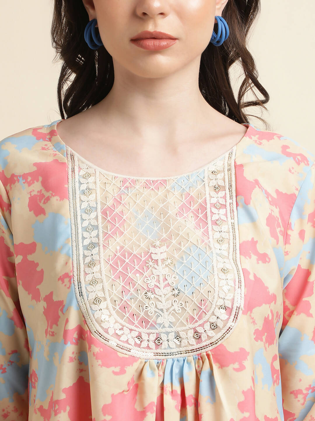 Beige & Pink Poly Crepe Digital Printed Top with Matching Bottom - Preeti
