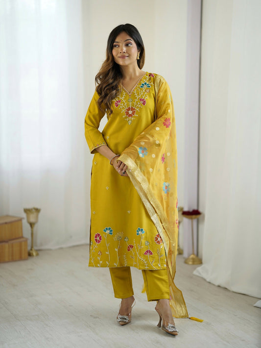 The52 Yellow Women's Gorgeous Embroidered work Viscose Gadhwal Fabric Straight Kurta, Pant and Dupatta Set - Swadesiicart
