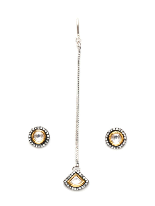 Dual Tone Kundan Maang Tikka with Earrings Jewellery Set (silver) - Ruby Raang - Swadesiicart