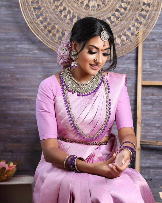 DEIANA'S Beautiful Designer Golden zari Soft Lichi Silk Saree - Baby pink - Swadesiicart