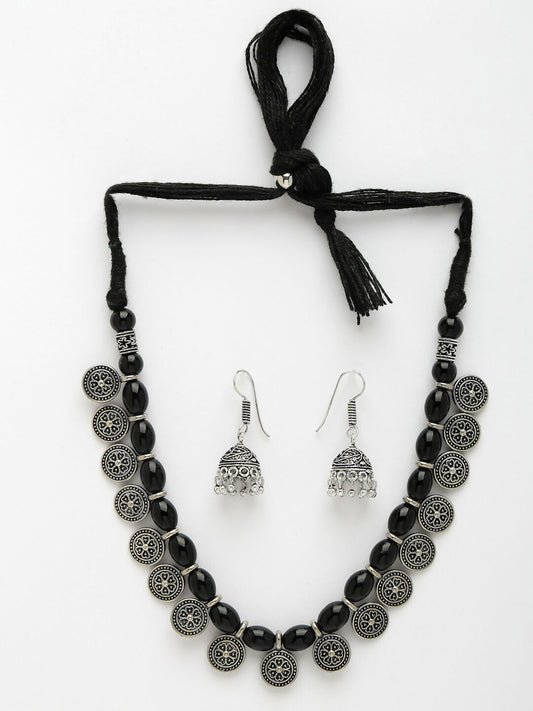 NVR Women's Black Silver-Plated Choke Oxidized Necklace with Jhumka Earrings - Swadesiicart