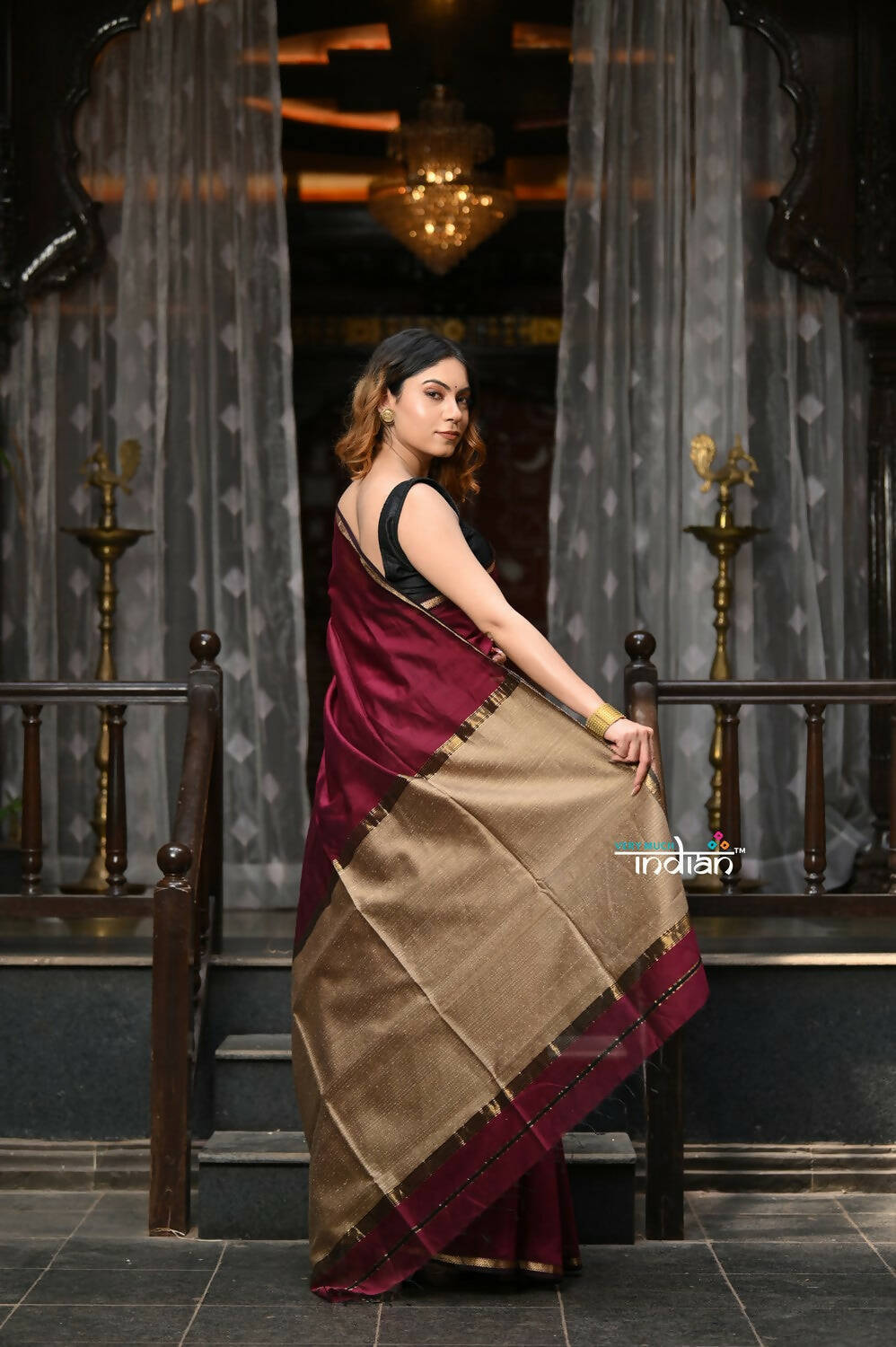 Very Much Indian VMI Exclusive Designer! Handloom Cotton Silk Saree With Sleek Golden Border - Maroon Shade | Swadesiicart