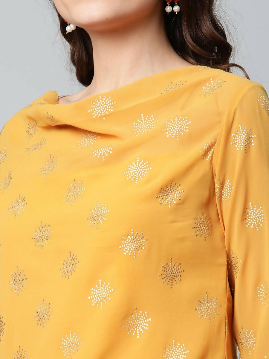 Ahalyaa Womens Mustard Georgette Gold Foil Printed Kurta Sharara Set With Dupatta | Swadesiicart