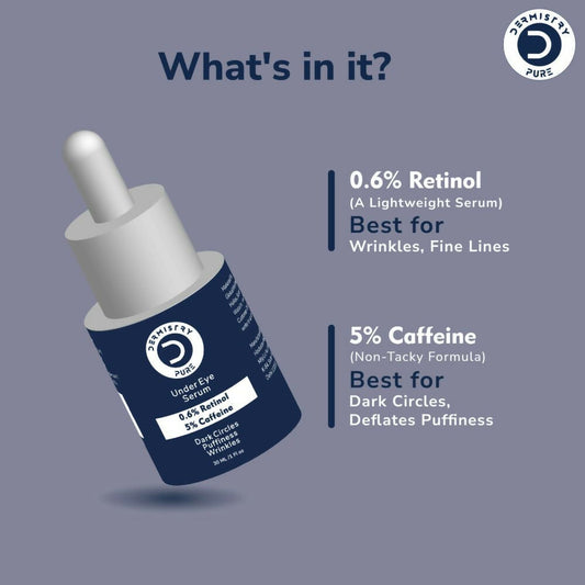 Dermistry Pure 0.6% Retinol 5% Caffeine Under Eye Serum Puffiness Fine Line Wrinkles Puffy Dark Eyes - Swadesiicart