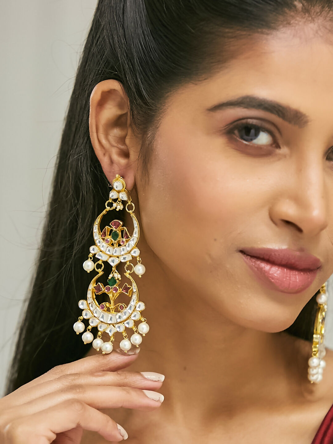 Nuyug 22K Gold-Plated Kundan Studded & Pearl Beaded Layered Chandbalis | Swadesiicart