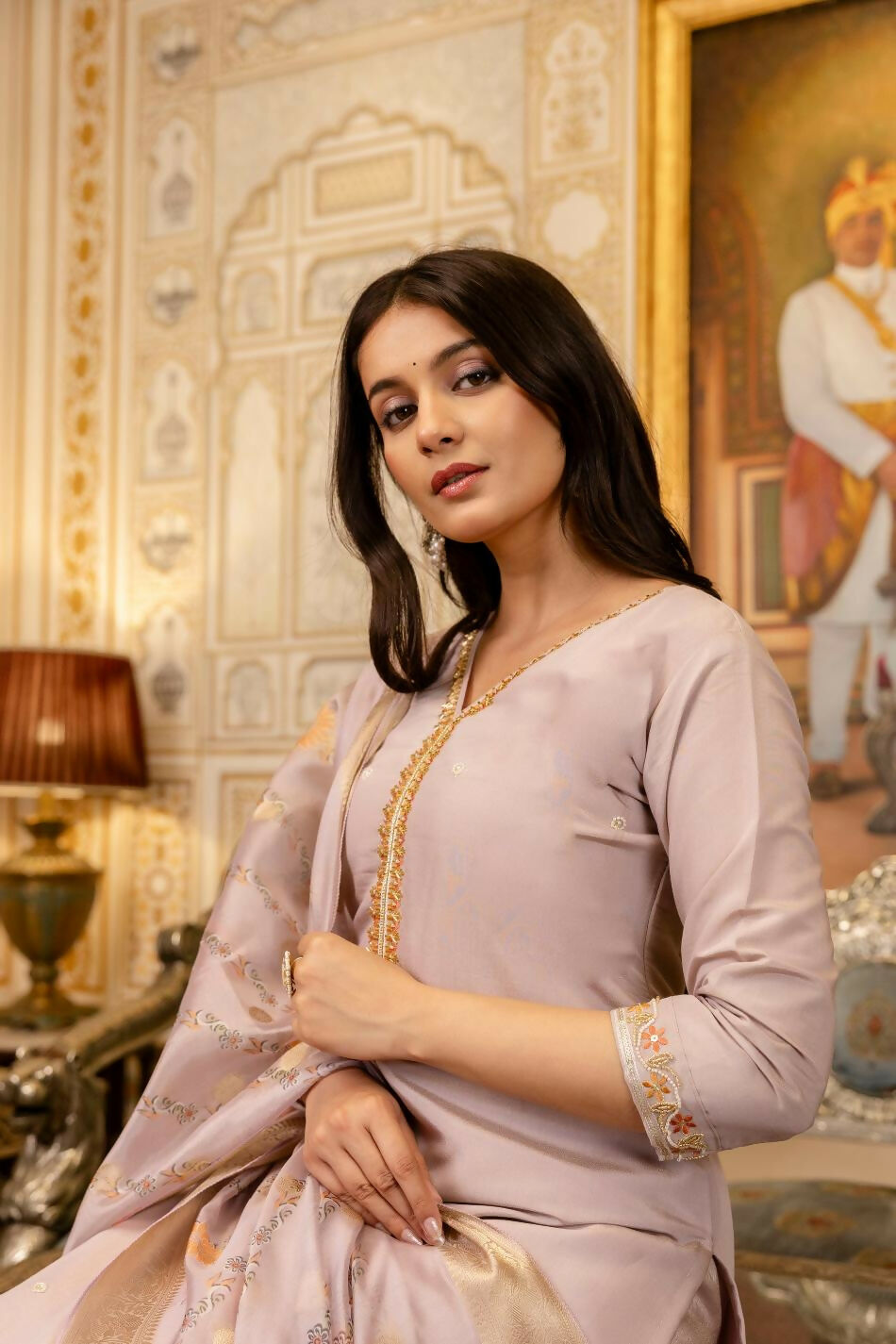The52 Lavender Women's Beautiful Viscose Shimmer Fabric Embroidered Work Straight Kurta Pant and Dupatta Set - Swadesiicart