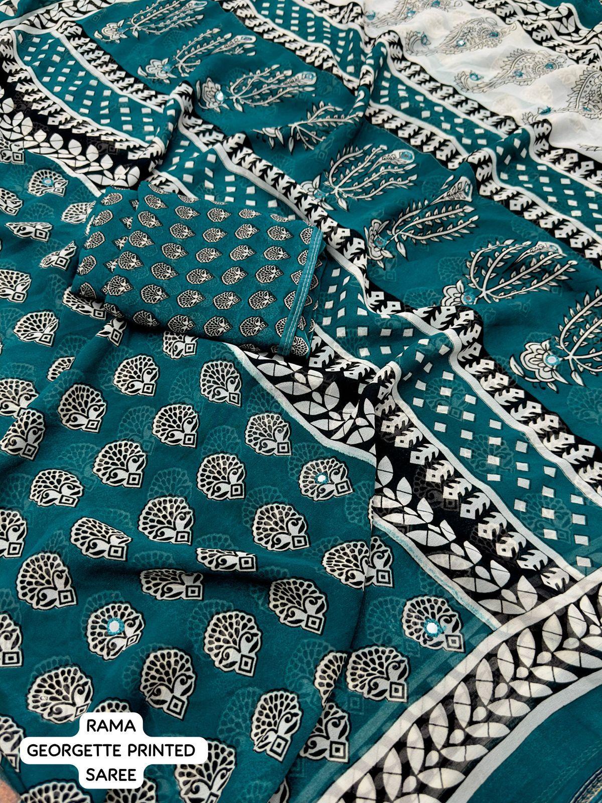 Rama Poly Georgette Ajrak Saree with Unstitched Blouse - Hiral Fashion | Swadesiicart
