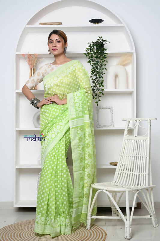 Very Much Indian Jamdhani Cotton Saree - Pista Green | Swadesiicart