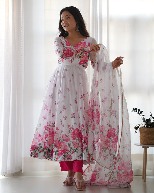 Lorenvalley Fashion Women Pure Soft Organza Silk Floral Print Fully Flair Anarkali With Pent Dupatta Set - White