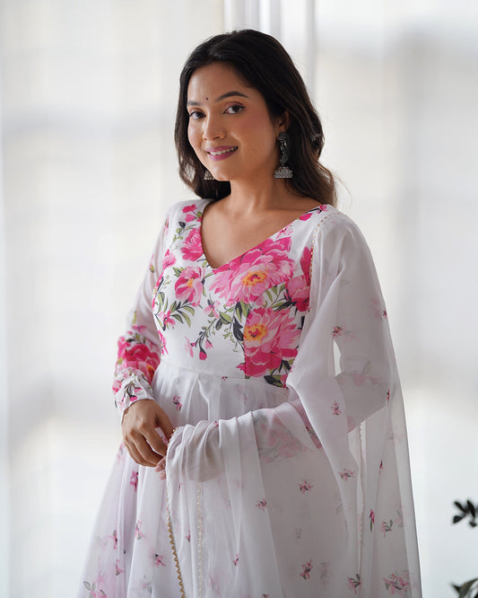 Lorenvalley Fashion Women Pure Soft Organza Silk Floral Print Fully Flair Anarkali With Pent Dupatta Set - White