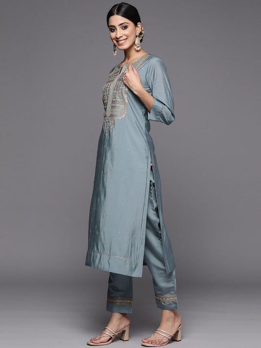Indian Clothing NOZ2TOZ Women's Viscose Chanderi Grey Party Wear Embroidered Kurta With Pant And Duppata Set - Swadesiicart