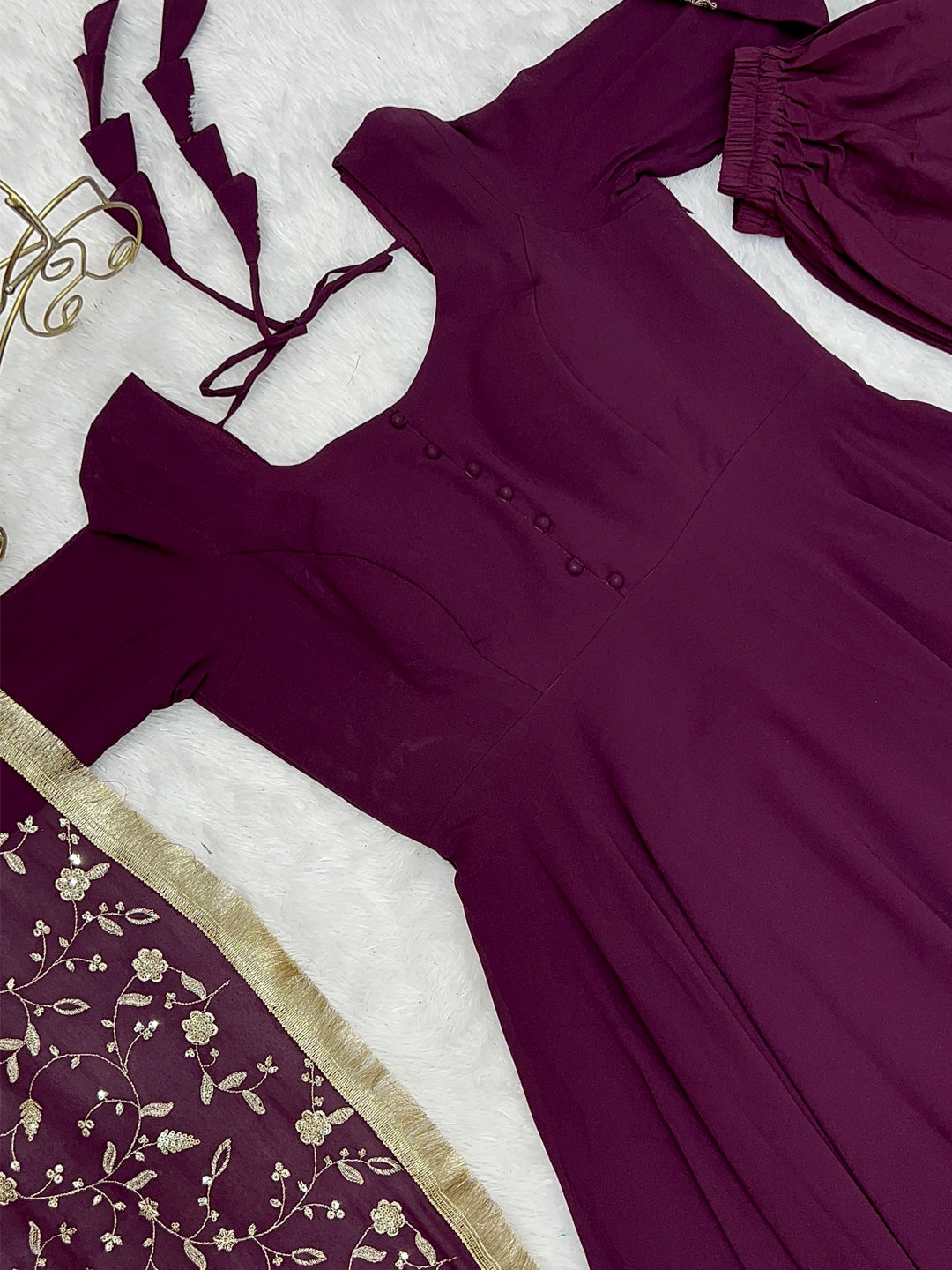 Lorenvalley Fashion Women Georgette Anarkali Gown Duppta Full Set With Pent Ready To Wear - Wine | Swadesiicart
