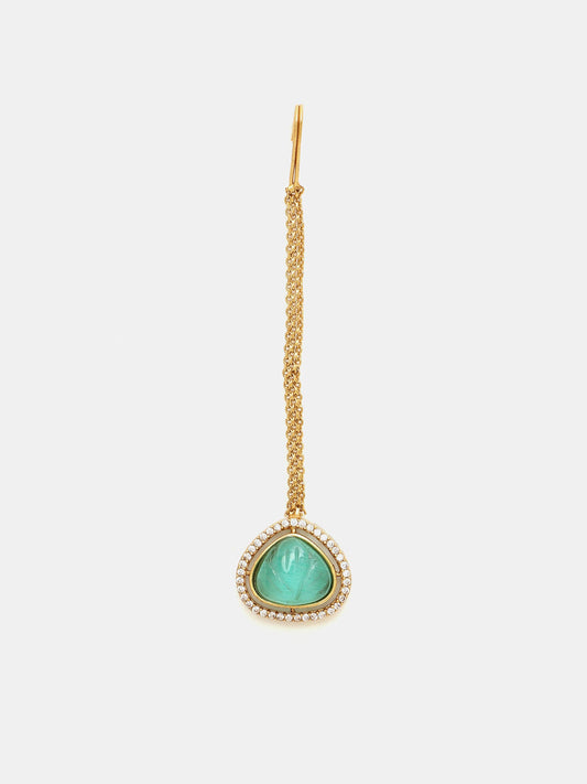 Ruby Raang Gold Polished Green Stone Kundan Maang Tikka