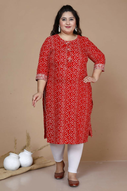 Miravan Women's Plus Size Festive Wear Red Bandhani Printed Straight Kurta - Swadesiicart