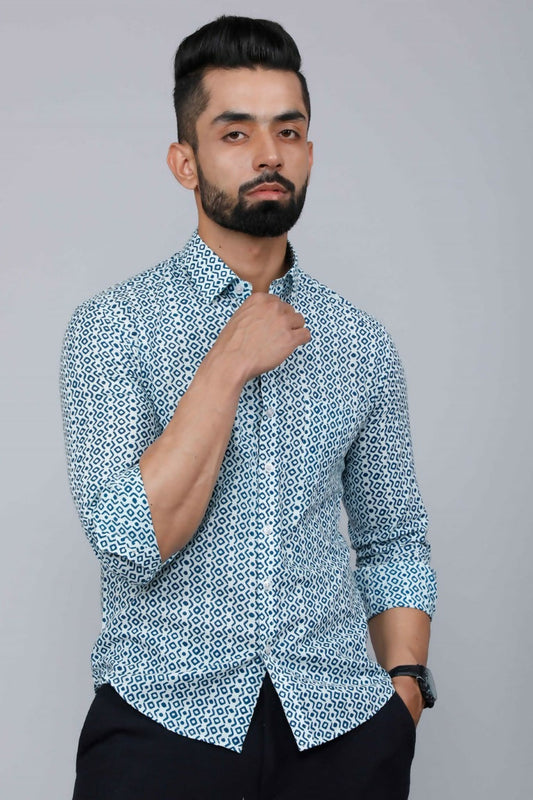 Miravan Men's White & Blue Premium Cotton Floral Print Casual Shirt | Swadesiicart