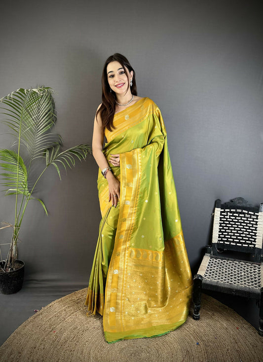 Joban Fashion Light Green Banarasi Soft Silk Woven Saree | Swadesiicart