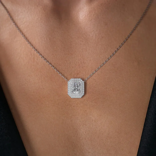 Cauer Elegant Radiant Moissanite Pendant Chain 14K Sterling Silver White Gold Plated | Swadesiicart