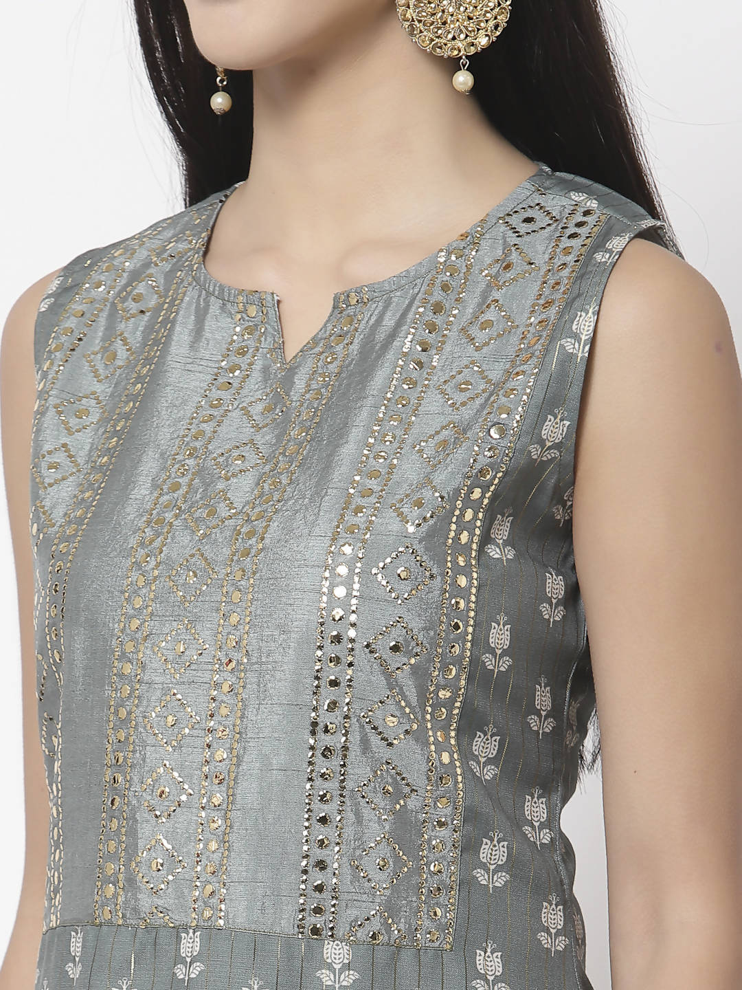 Myshka Women Grey Cotton Blend Printed Sleeveless Round Neck Kurta With Sharara & Dupatta Set | Swadesiicart