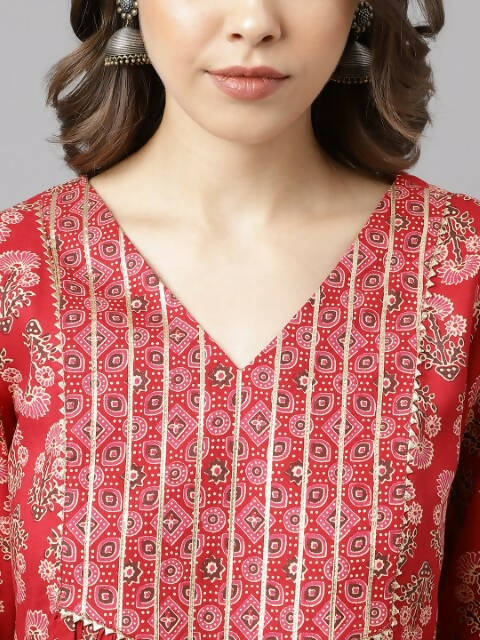 FIORRA Women's Red Cotton A-Line Kurta Set - Swadesiicart
