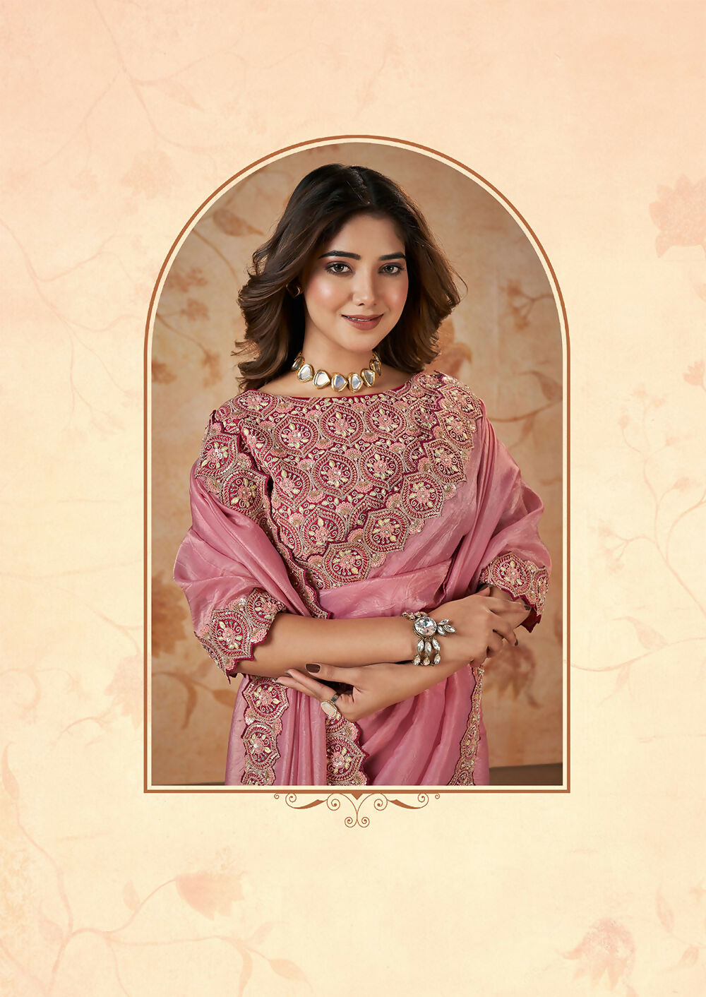 Pink Banarasi Crush Silk Thread, Sequence, Cord and jari Embroidered with Stone Work Saree - Mohmanthan Dakshika | Swadesiicart