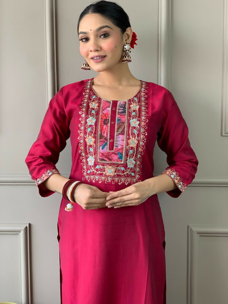 Partywear Designer Viscos Chanderi Maroon Stitched Suit With Dupatta - Tanisha | Swadesiicart