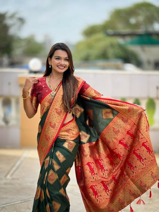 PR Fashion Freen Soft Banarasi Silk With Zari Weaving Meenakari Design Saree | Swadesiicart