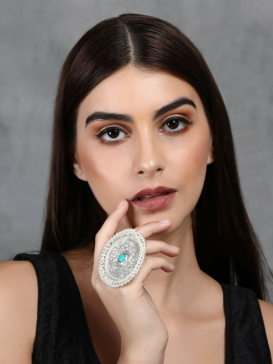 Joban Fashion Women Round Shape Silver Tone Ring | Swadesiicart