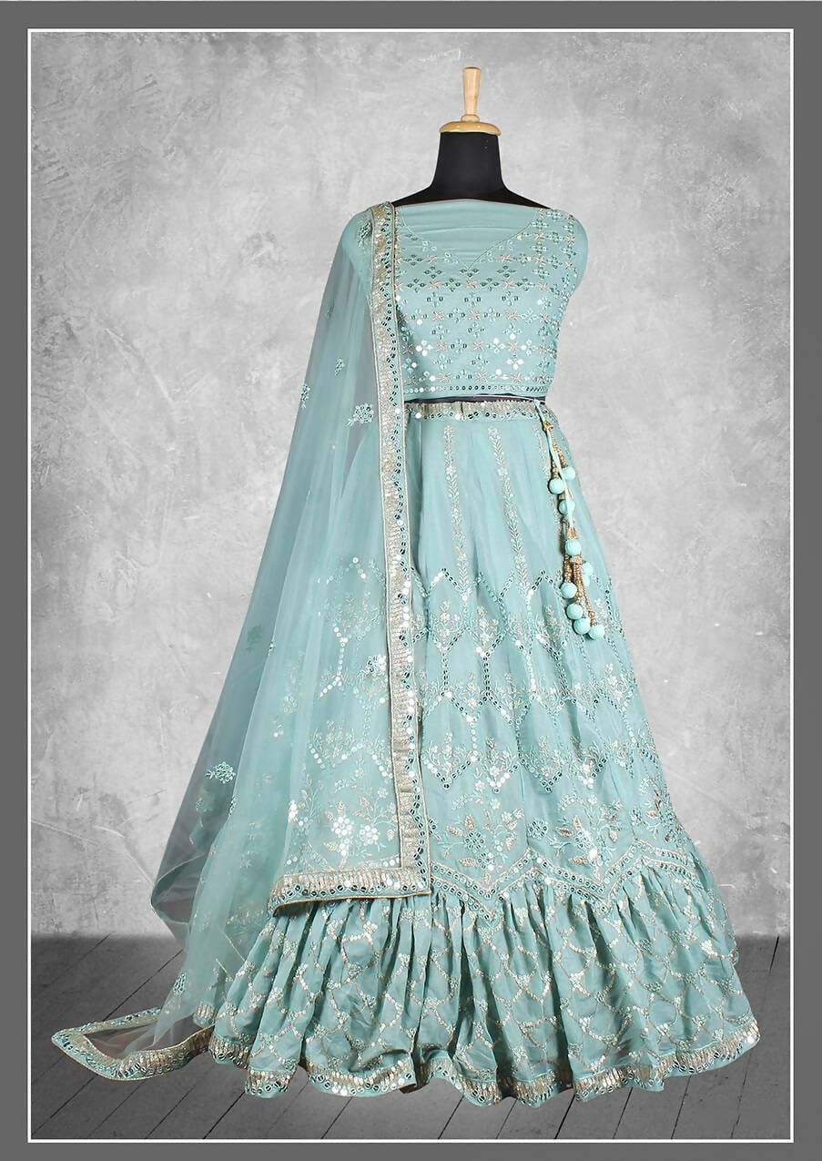 Sea Green Satin Silk Sequins and cord embroidery, cut work Bridal lahenga Choli with Dupatta - Nimaya Pavitra Rista | Swadesiicart