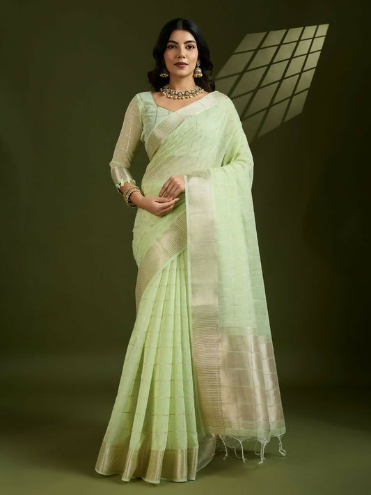 Vishnu Weaves Women's Pista Soft Silk Zari Woven Saree with Blouse - Swadesiicart
