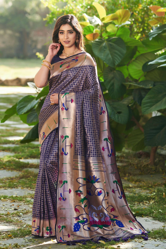 Vishnu Weaves Women's Royal Blue Paithani Silk Minakari Zari Woven Saree with Unstitched Blouse - Swadesiicart