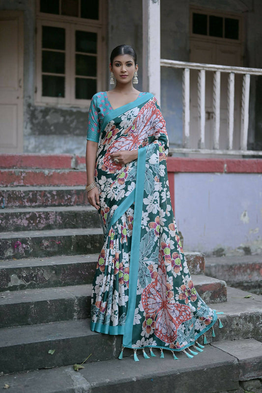 Vishnu Weaves Women's Green Cotton Silk Printed Saree with Blouse - Swadesiicart