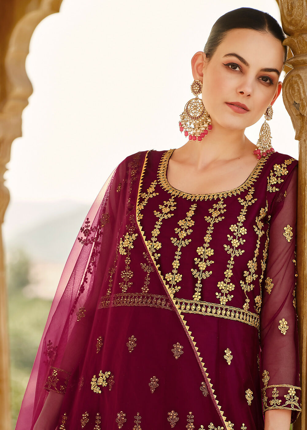 Heavy Stone Embroidered Wine Designer Anarkali Suit - Emponline | Swadesiicart