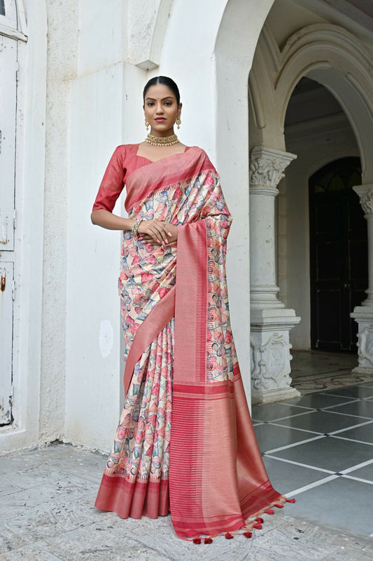 Vishnu Weaves Women's Peach Banarasi Silk Saree with Blouse - Swadesiicart