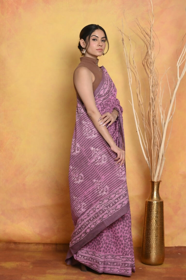 Very Much Indian Handblock Printed Cotton Saree With Natural Dyes - Pink | Swadesiicart