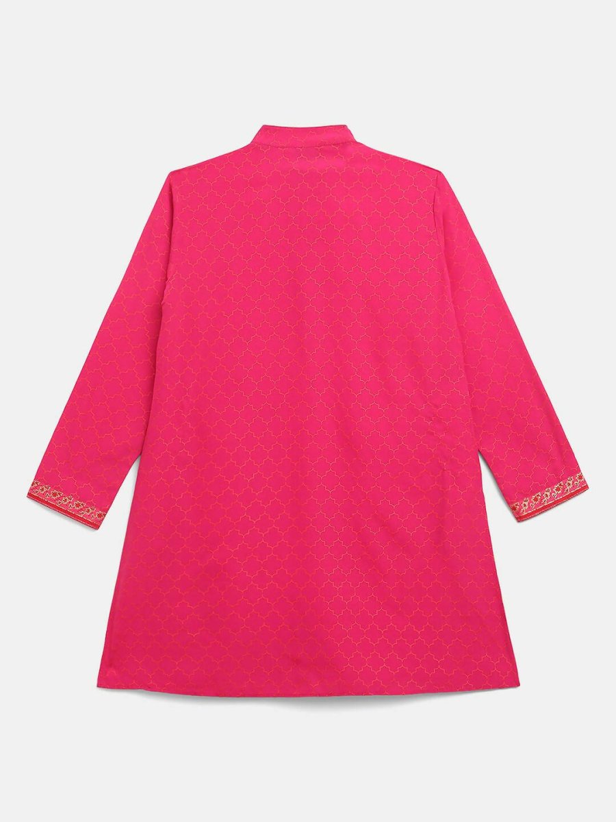 Ahalyaa Pink Crepe Orange Khari Print Kids Kurta Churidar Set For Boys | Swadesiicart